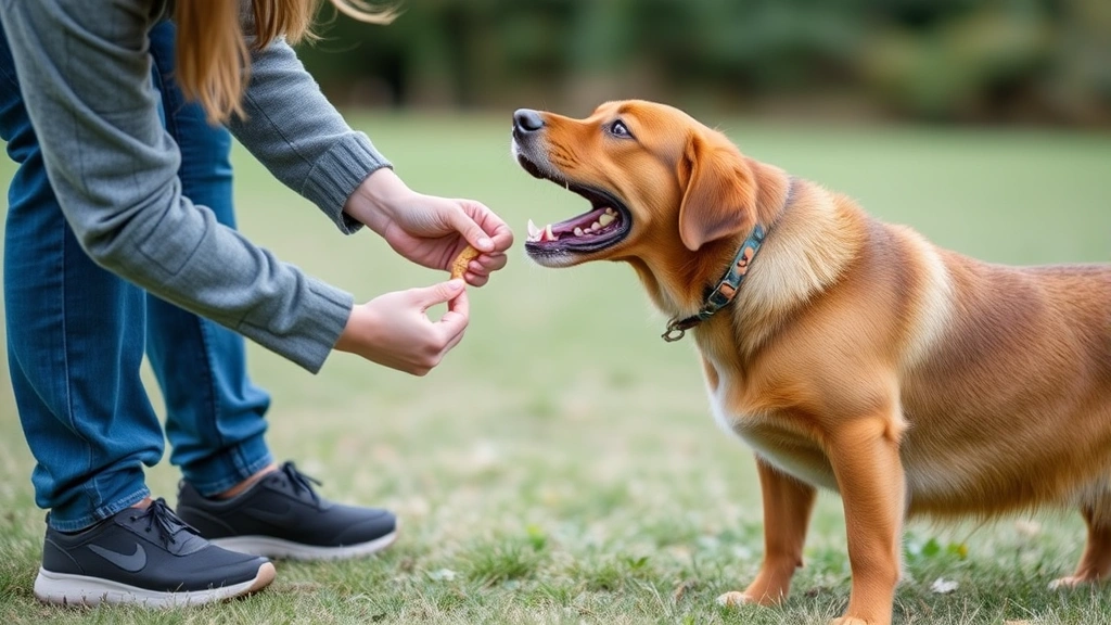 Dog trainer giving treat to excited brown dog after vocalization, both focused and engaged during training session
