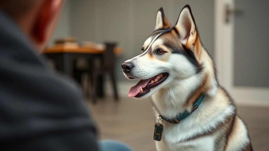 Husky sitting attentively looking at owner with mouth slightly open, ready to perform speak command, indoor training room