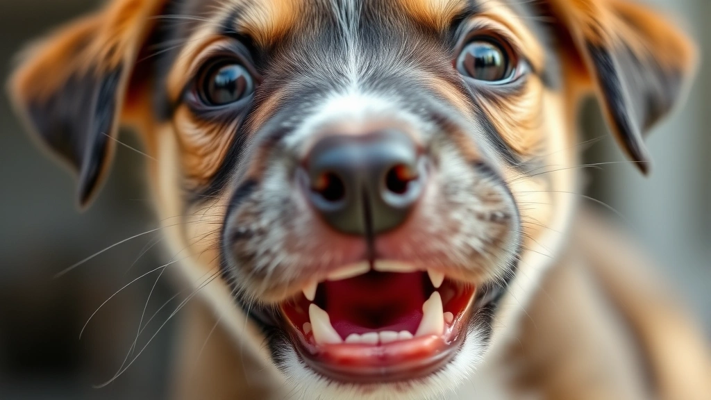 Close-up of a young puppy's mouth showing bright white sharp baby teeth, puppy looking directly at camera with alert expression