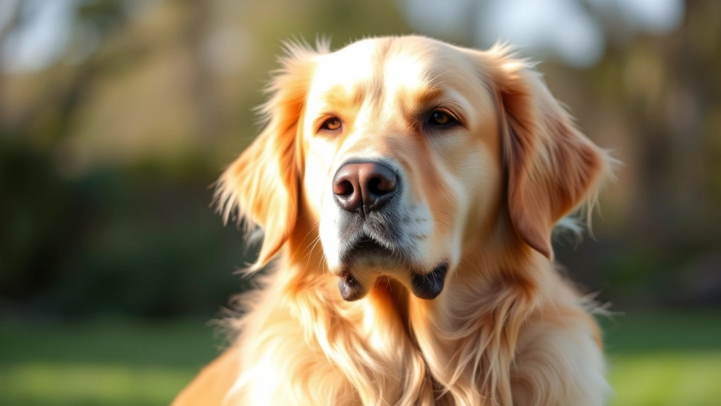 Golden retriever senior dog with gray muzzle and white facial markings, sitting outdoors in natural light, peaceful expression