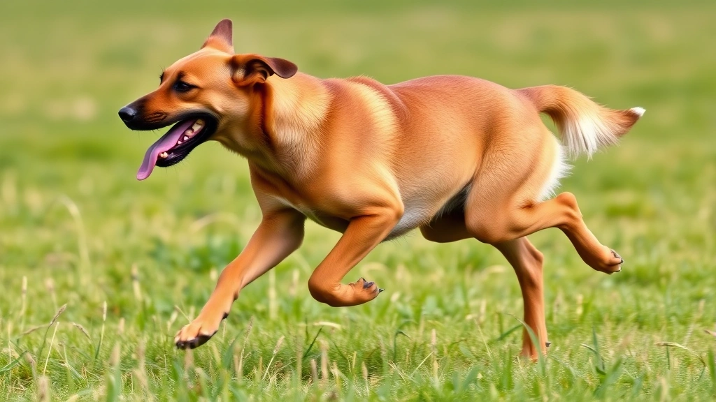 Energetic young adult dog running through grassy field with smooth gait and muscular build, tongue out mid-stride in motion