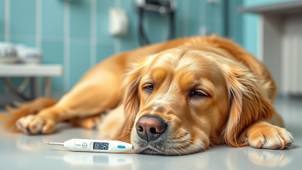 Golden retriever lying down looking tired with thermometer nearby, veterinary examination room setting, no text no words no letters