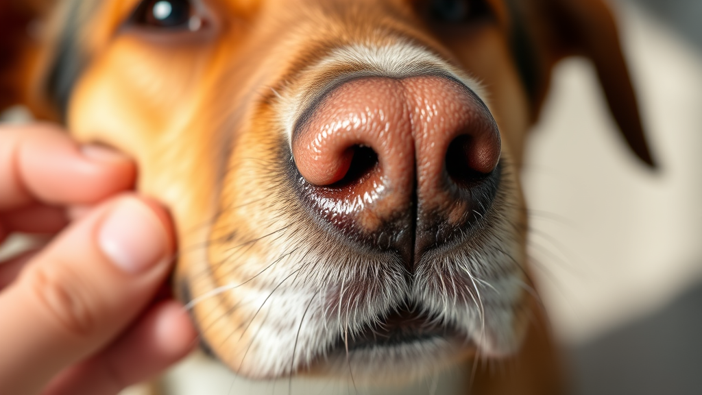 Close up of dog nose and face showing warm dry nose, concerned pet owner hand checking, natural lighting, no text no words no letters