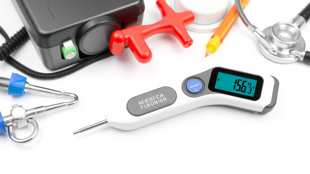 Digital pet thermometer with temperature reading, veterinary supplies on clean white surface, medical equipment, no text no words no letters