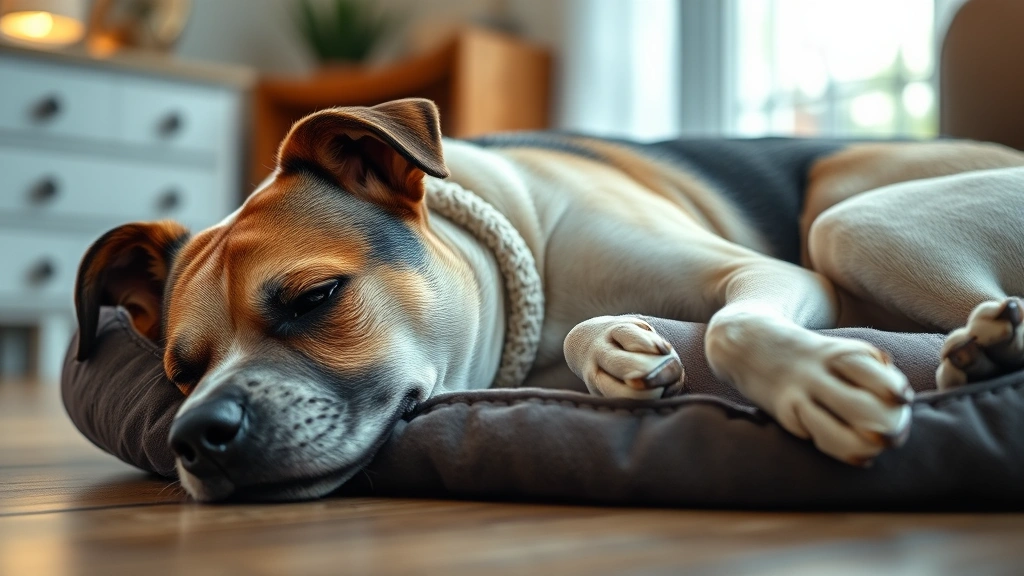 Dog lying down indoors appearing lethargic and withdrawn, resting on a dog bed with soft lighting, photorealistic home environment