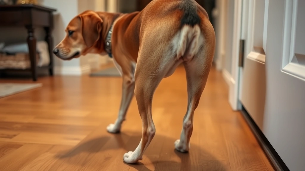 A dog experiencing paralysis in hind legs, attempting to stand with visible weakness and difficulty, captured from the side in a home environment