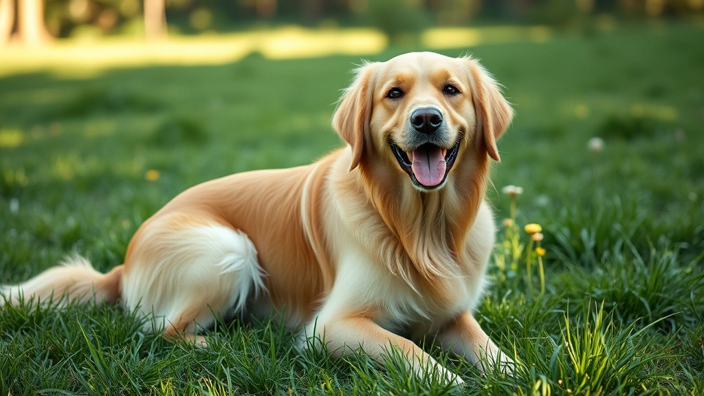 Golden retriever outdoors in a grassy yard looking happy and healthy during daytime, photorealistic natural lighting