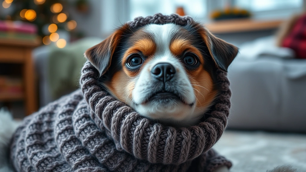 Small shivering dog wrapped in a cozy knit sweater indoors, looking uncomfortable, photorealistic style