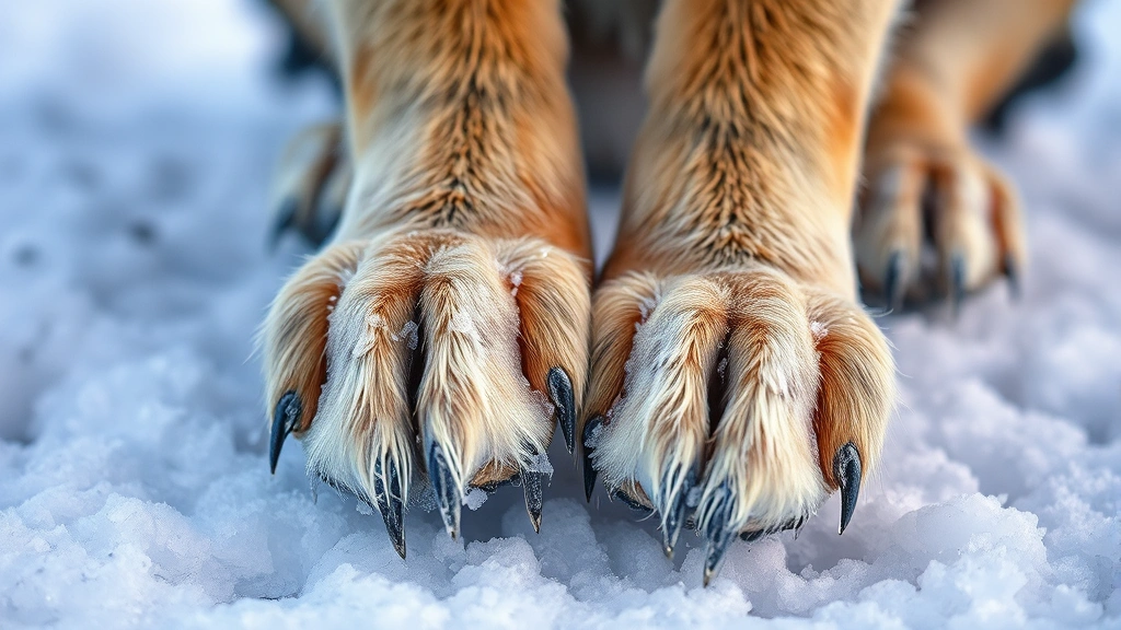 Close-up of a dog's cold wet paws with ice crystals, sitting on snowy ground, photorealistic photography