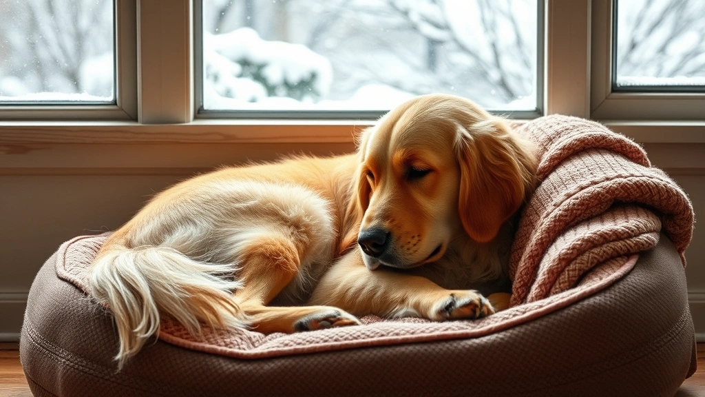 Golden retriever curled up on a warm dog bed by a window during winter, peaceful and comfortable, photorealistic