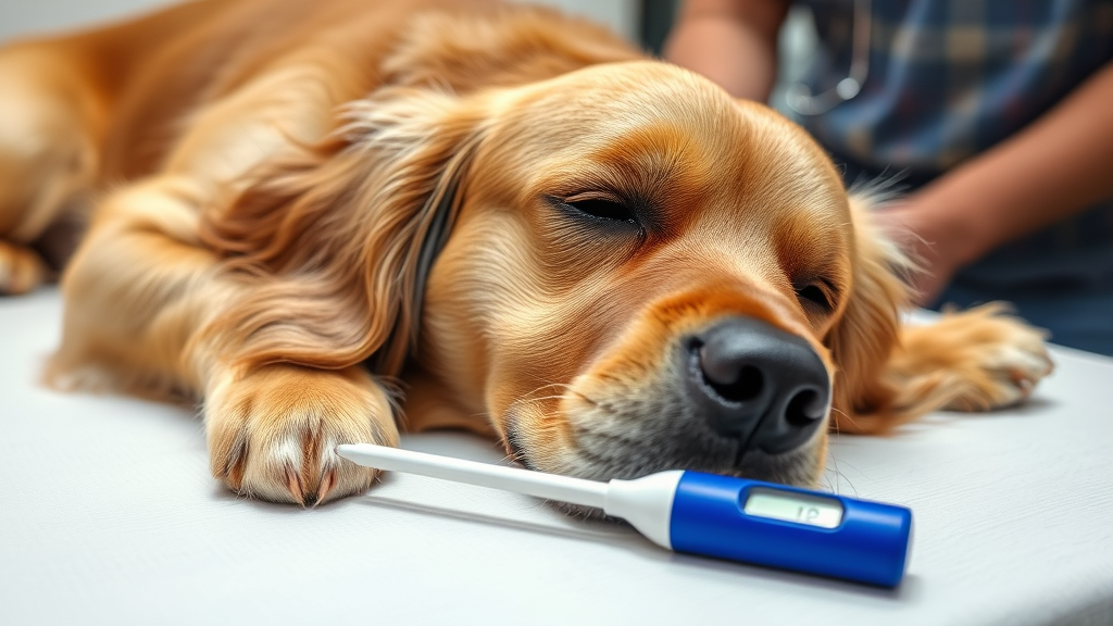 Sick golden retriever lying on veterinary examination table with thermometer, concerned owner nearby, no text no words no letters