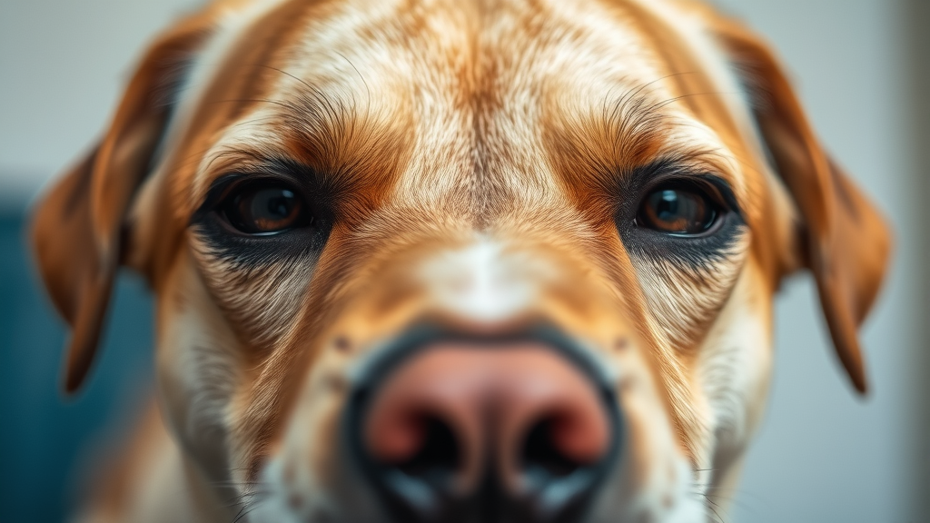 Close up of dog's warm nose and tired eyes showing illness symptoms, soft lighting, no text no words no letters