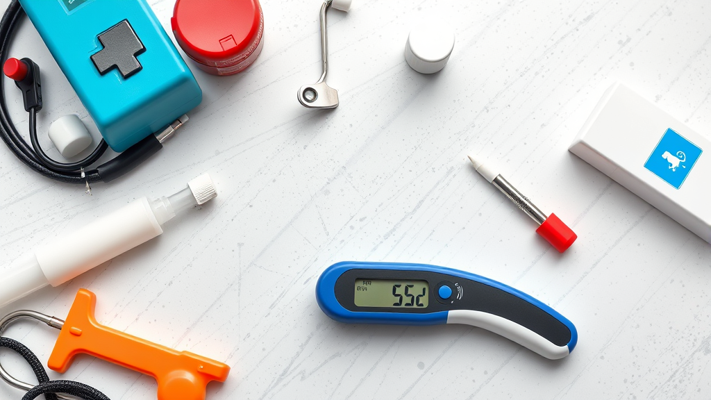 Dog thermometer and medical supplies on clean surface, professional veterinary care items, no text no words no letters