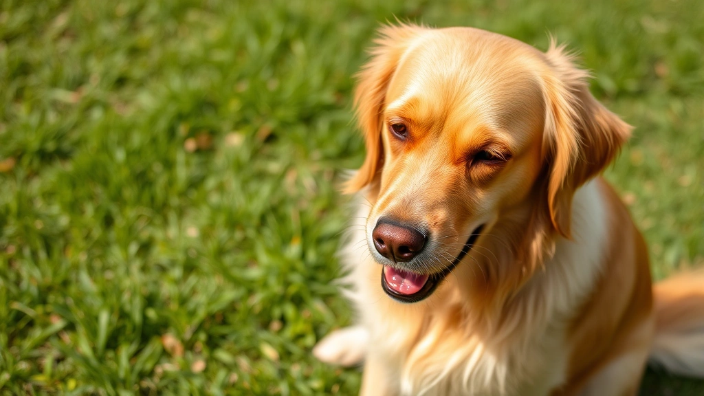 Golden retriever sitting outdoors looking uncomfortable and straining, close-up of dog's face showing distress during bathroom time in grassy yard