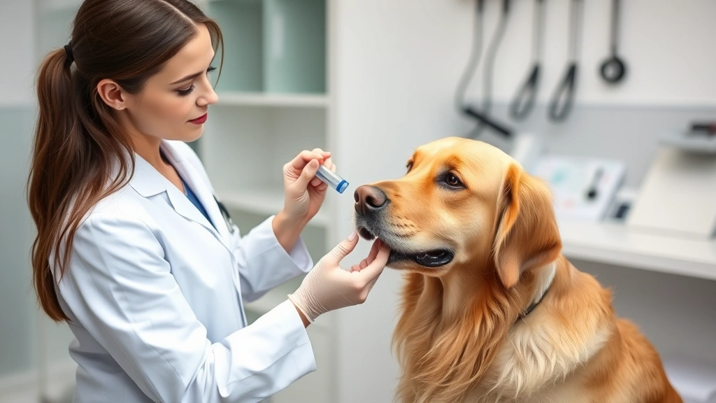 Female veterinarian in white coat collecting urine sample from golden retriever using sterile container in clinical examination room