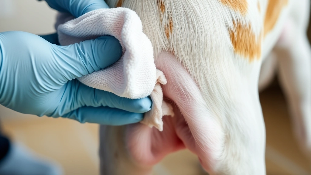 Close-up of dog's genital area being gently cleaned with warm water and soft cloth, showing proper hygiene care technique for UTI prevention
