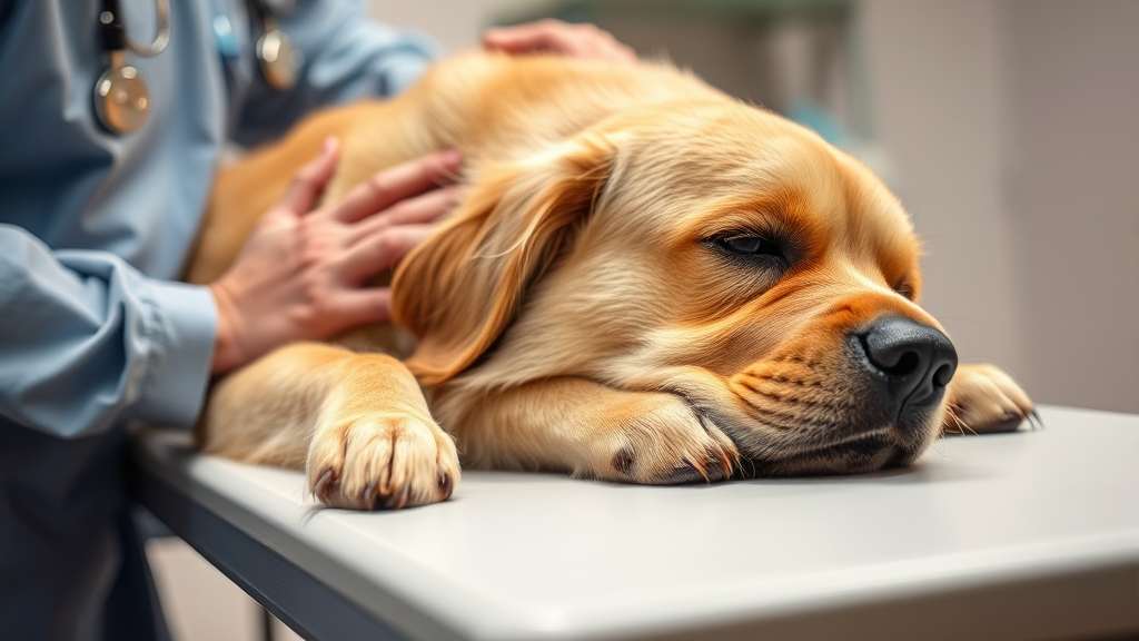 Sick golden retriever lying on veterinary examination table with concerned owner petting, warm lighting, no text no words no letters