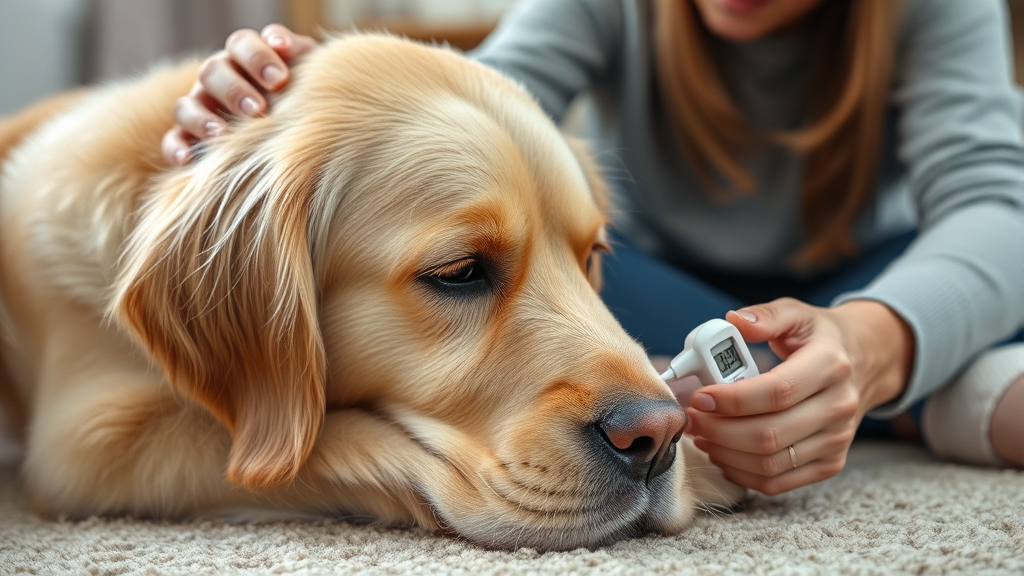 Golden retriever lying down looking unwell with concerned owner checking temperature no text no words no letters