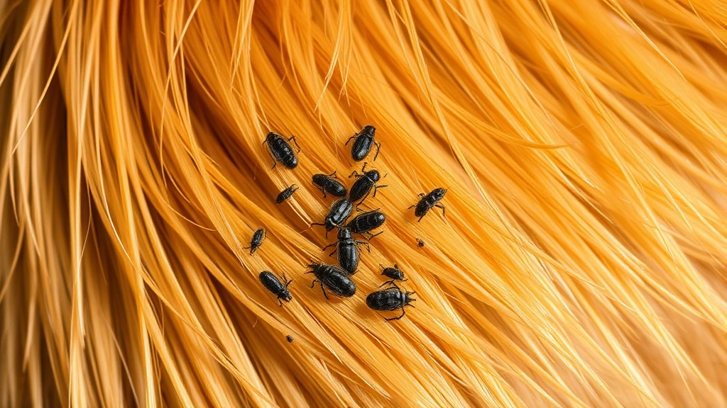 Close-up of a dog's fur showing black flea dirt specks against golden and brown coat colors, natural lighting, detailed texture