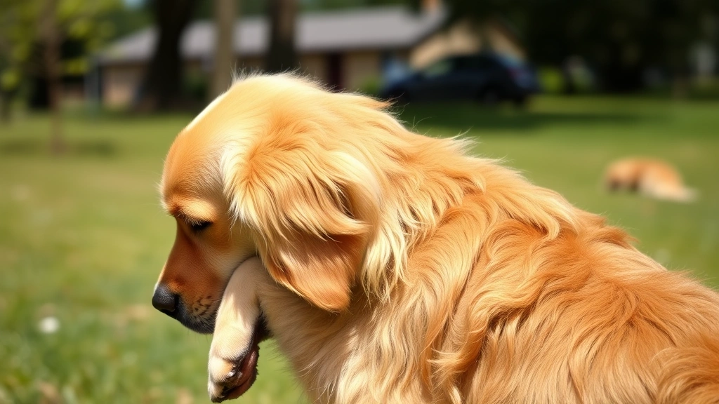 Golden retriever scratching behind ear with hind leg, showing discomfort and itching behavior, outdoor sunny setting, candid action shot