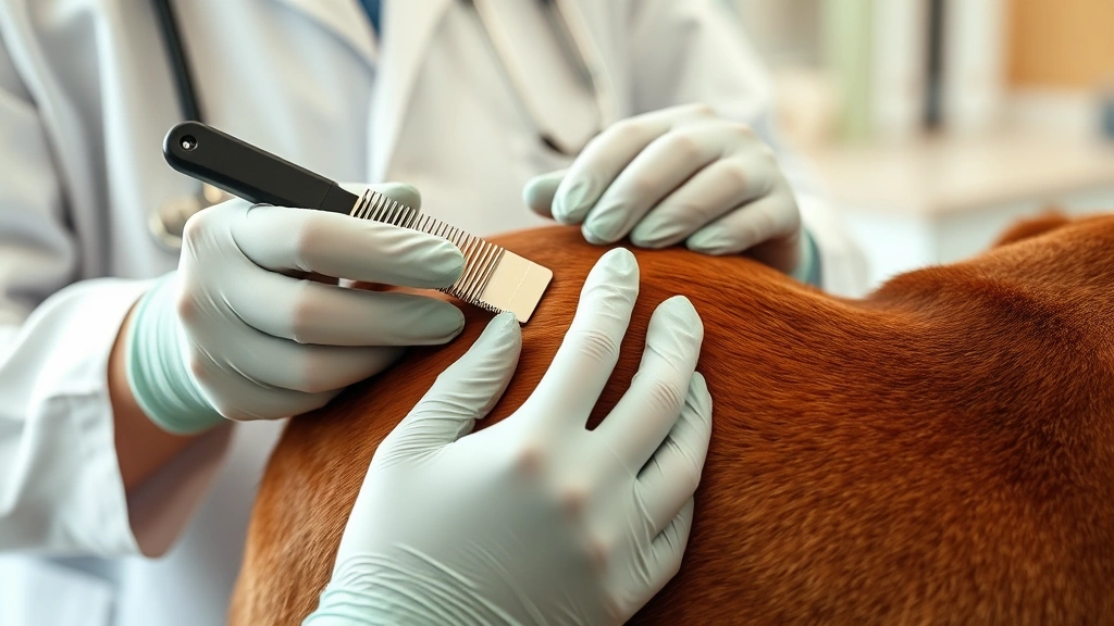 Veterinarian using a fine-toothed flea comb on a brown dog's back, examining coat carefully, clinical but warm setting with natural light