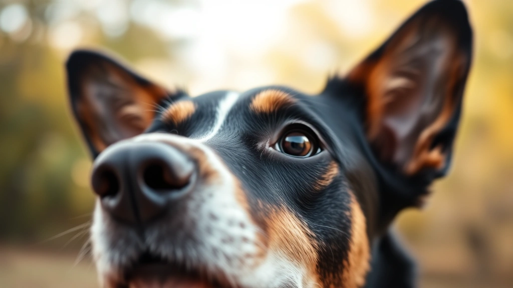Close-up of a dog's face showing alert expression with ears forward, outdoors with blurred natural background, photorealistic professional pet photography