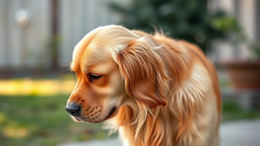 Golden retriever appearing uncomfortable or distressed, standing in profile with head lowered slightly, natural outdoor lighting, realistic veterinary health context