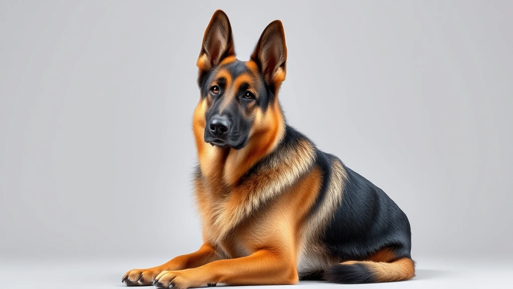 German shepherd in a calm sitting position with gentle expression, professional studio lighting, clear focus on facial features and posture, photorealistic style