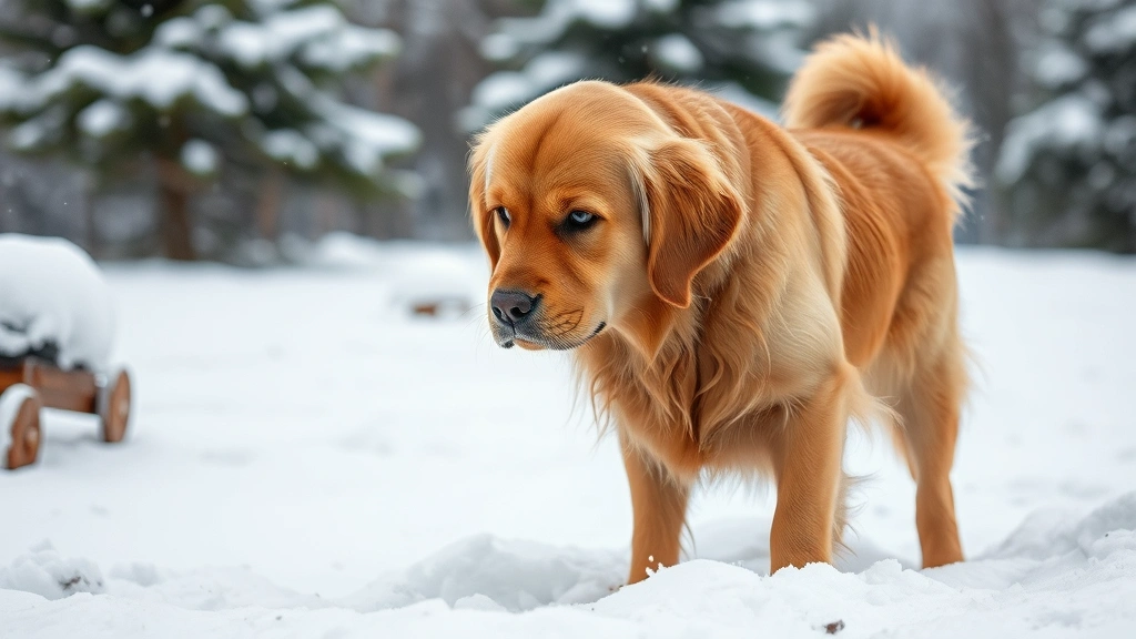 Golden Retriever shivering with tucked tail and hunched posture in snowy outdoor setting, looking uncomfortable