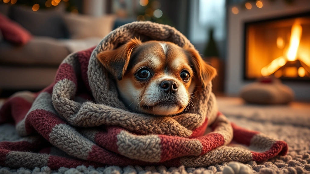 Small shivering dog wrapped in a cozy blanket on a living room floor, warm lighting, winter ambiance, close-up of dog's face showing comfort