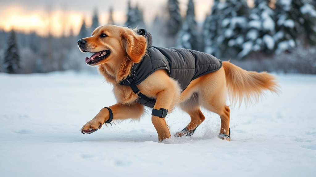 Golden Retriever wearing a winter coat and boots playing in fresh snow, full body shot, snowy landscape background, joyful expression