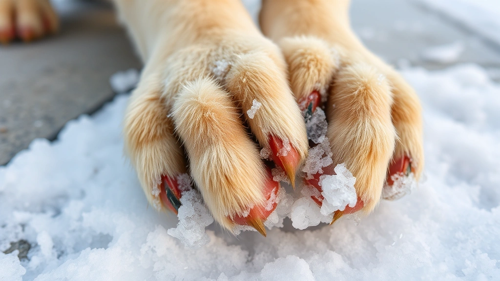 Close-up of dog's paw pads showing ice and snow buildup between toes on winter sidewalk