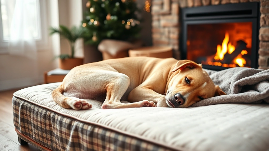 Senior dog curled up on an orthopedic bed near a fireplace, soft warm lighting, peaceful indoor winter scene, cozy home environment
