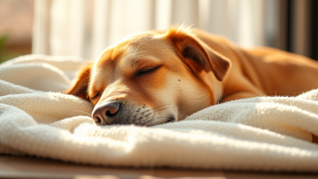 Peaceful elderly dog resting comfortably on soft blanket in warm sunlight, no text no words no letters