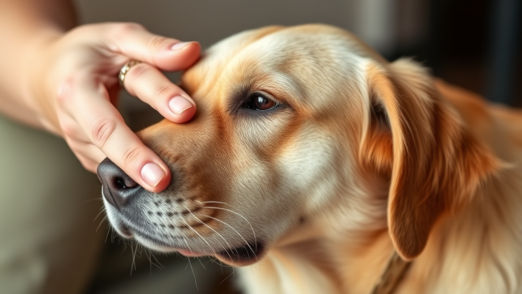 Close up of gentle hands stroking senior dog head with loving care, no text no words no letters