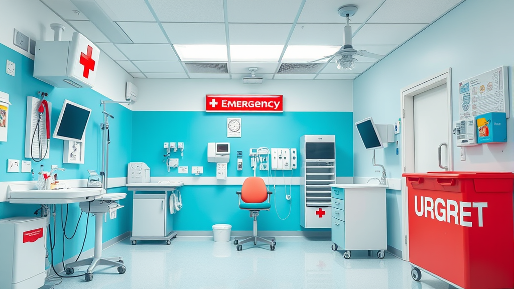 Emergency veterinary clinic interior with medical equipment and examination room prepared for urgent pet care, no text no words no letters