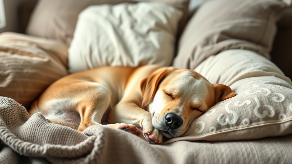 Serene dog sleeping peacefully surrounded by soft pillows in quiet home setting, no text no words no letters