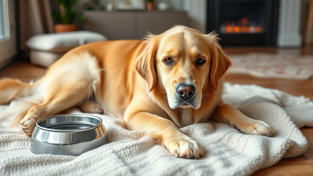 Golden retriever lying comfortably on soft blanket with water bowl nearby, peaceful home setting, natural lighting, no text no words no letters