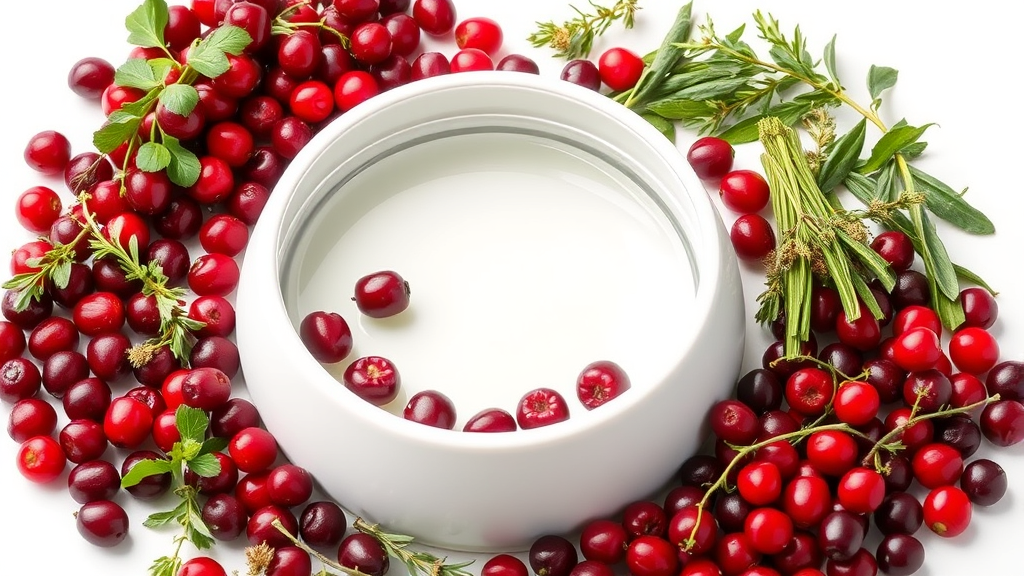 Fresh cranberries and herbs arranged around clean water bowl, natural supplements for dogs, bright clean background, no text no words no letters