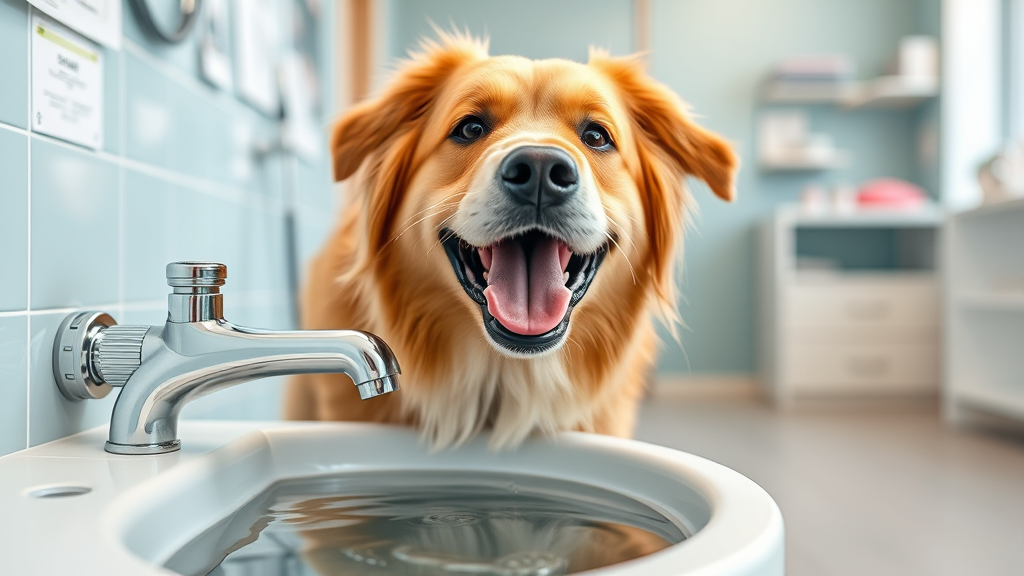 Happy healthy dog drinking from clean water fountain, bright veterinary office setting, recovery and wellness theme, no text no words no letters