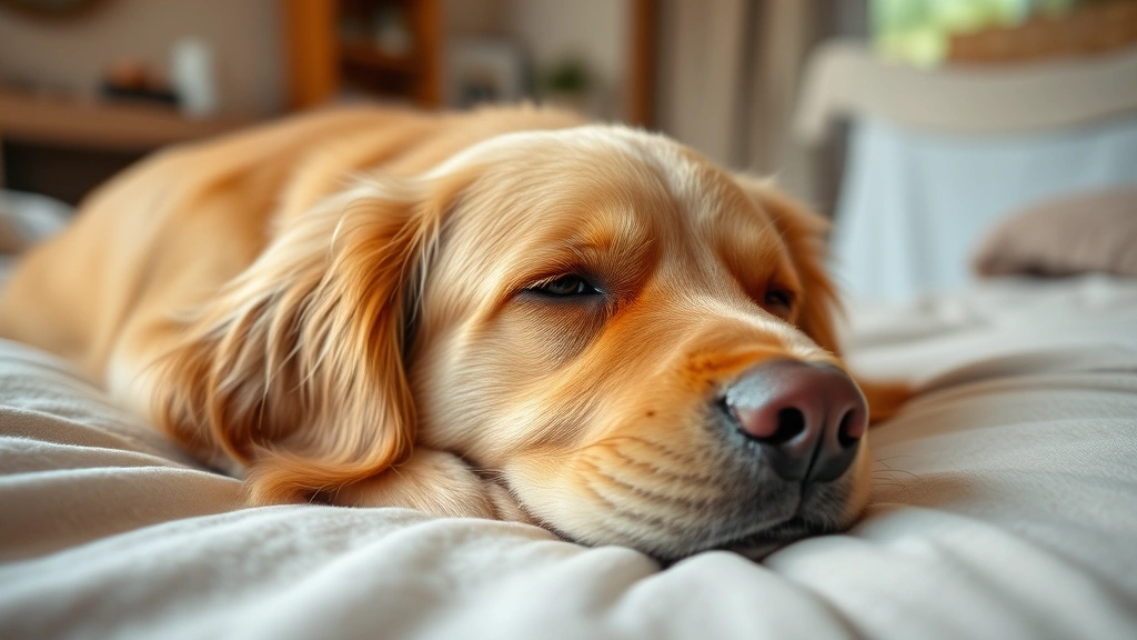 Golden Retriever resting on soft bed, pale gums visible, tired expression, natural lighting, peaceful home environment