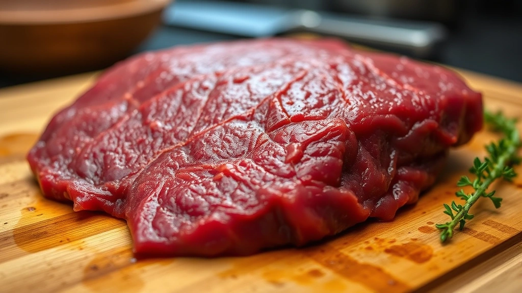 Close-up of raw beef liver on wooden cutting board, fresh and glistening, warm kitchen lighting, appetizing presentation