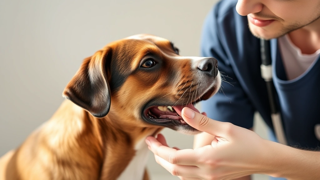 Attentive dog owner checking gums of sitting dog, gentle hand lifting lip, veterinary examination pose, caring interaction, bright natural light