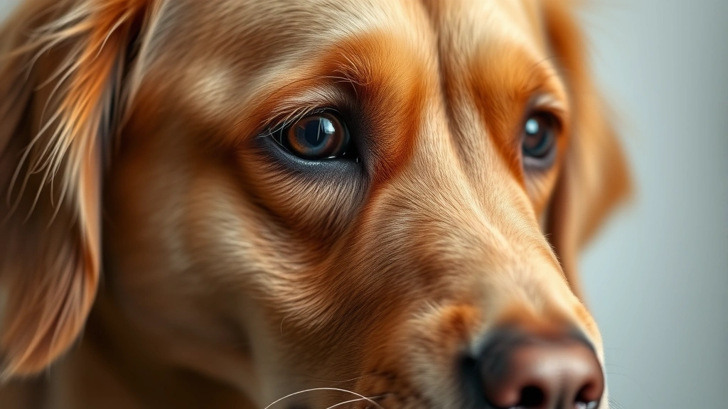 Close-up of a golden retriever's face with one eye showing mild redness and irritation, gentle lighting, calm expression, soft focus background