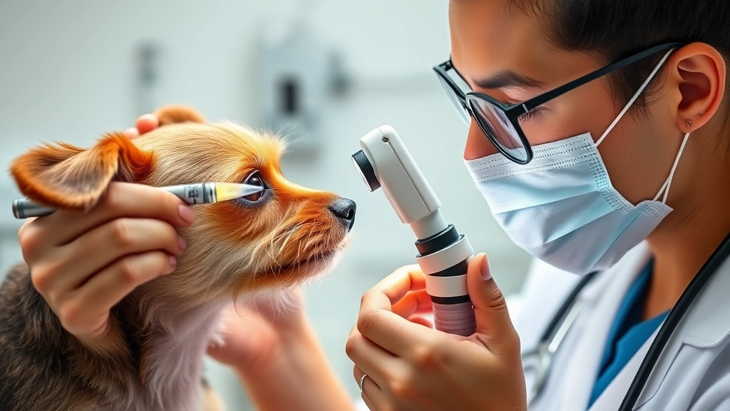 Veterinarian examining a small terrier's eye with a penlight and magnifying instrument, professional clinic setting, focused and caring expression