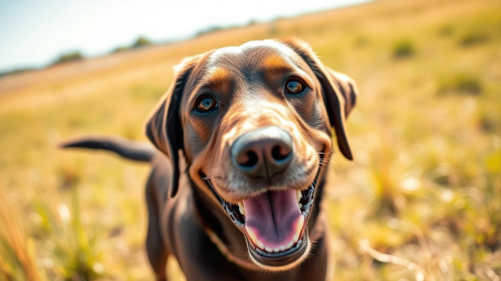 Happy Labrador retriever playing outdoors in a sunny field with clear, bright eyes, natural daylight, joyful expression showing healthy eyes