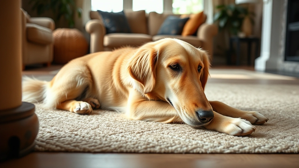 Golden Retriever lying on living room floor looking uncomfortable, side view, natural lighting, cozy home interior setting