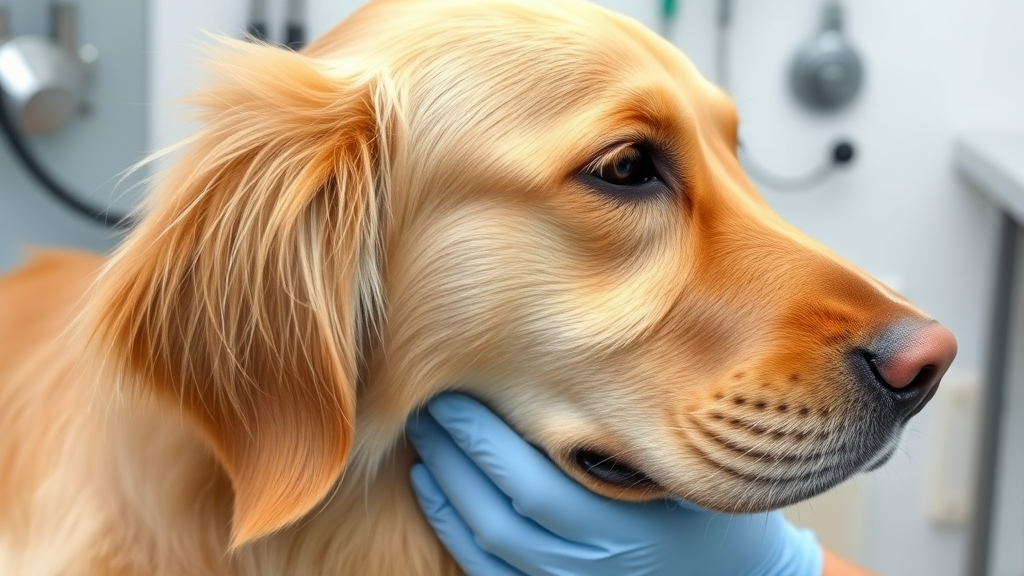 Golden retriever with droopy swollen ear flap showing signs of hematoma, veterinary examination setting, no text no words no letters