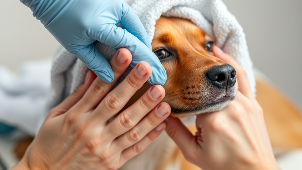 Hands applying cold compress wrapped in towel to dog ear, gentle care treatment, healing process, no text no words no letters