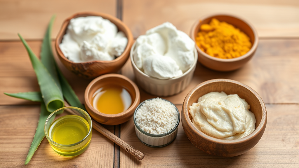 Natural remedies including aloe vera gel coconut oil turmeric paste arranged for dog ear care treatment, no text no words no letters